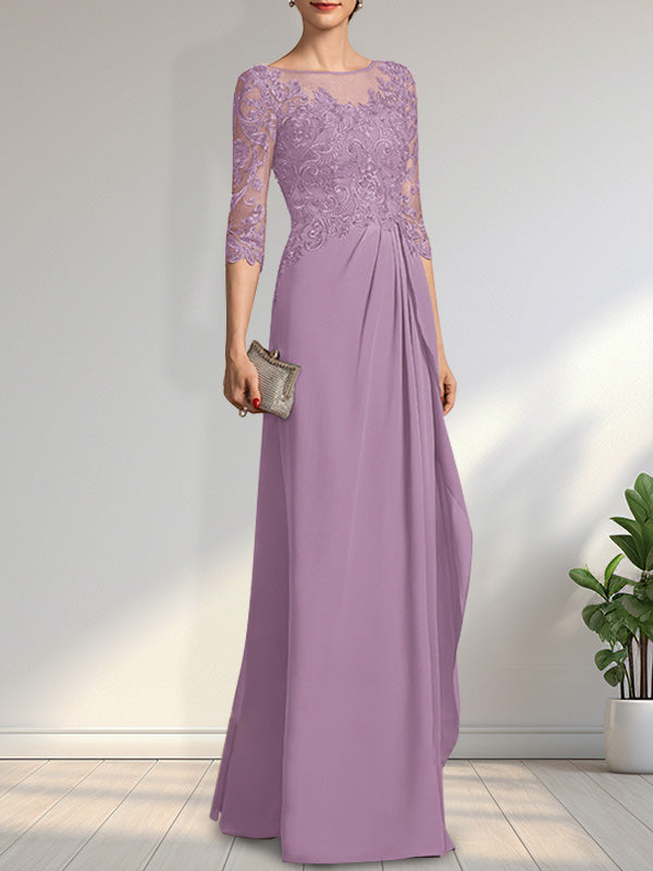 Vestido de madre de la novia de gasa con encaje, corte A, ilusión, largo hasta el suelo, con lentejuelas y abalorios y volantes en cascada
