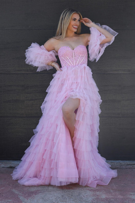 Vestido de fiesta de tul con purpurina, corte en A y escote en forma de corazón con abertura