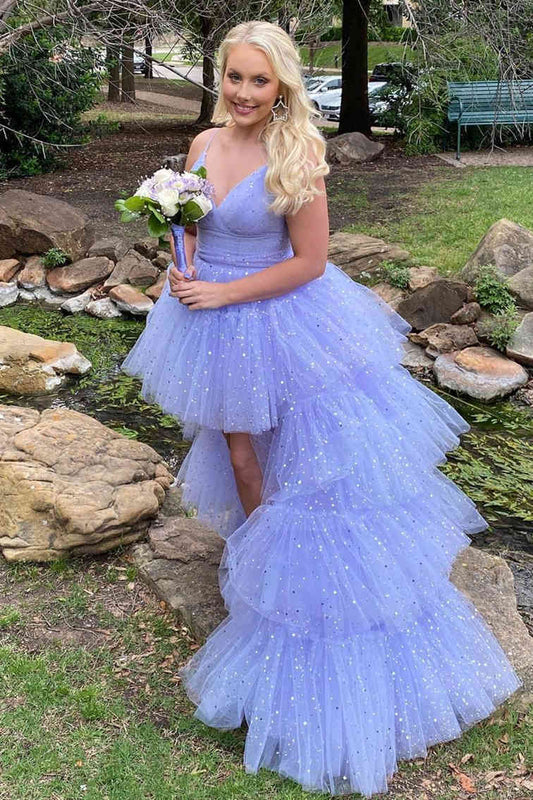 Vestido de fiesta de tul escalonado lavanda con brillo alto-bajo