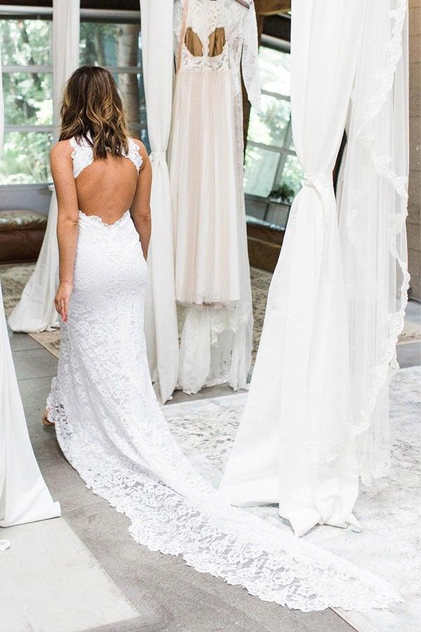 Sheath High Neck Sweep Train Open Back Lace Wedding Dress with Split