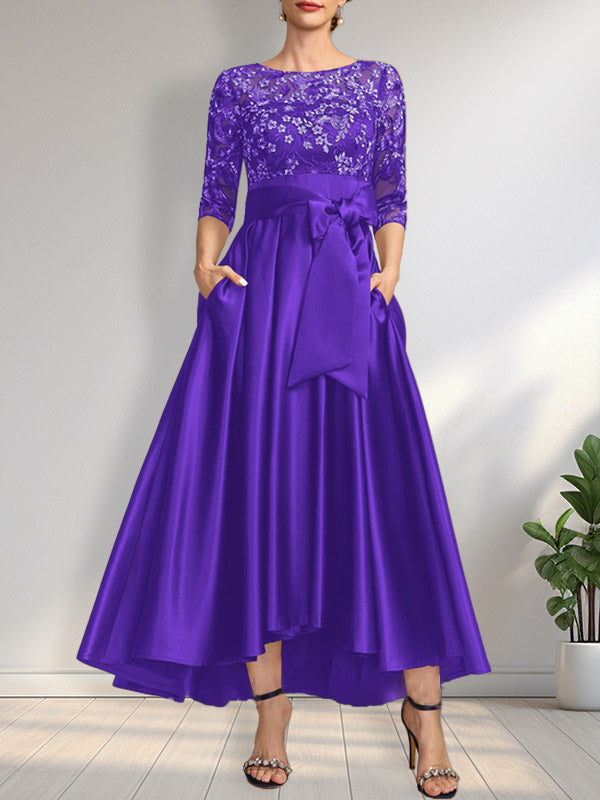 Vestido de madre de la novia de encaje satinado asimétrico con ilusión de corte A y lazo