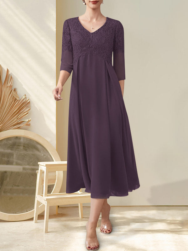 A-Linie V-Ausschnitt Wadenlang Chiffon Spitze Kleid für die Brautmutter mit Perlenbesatz