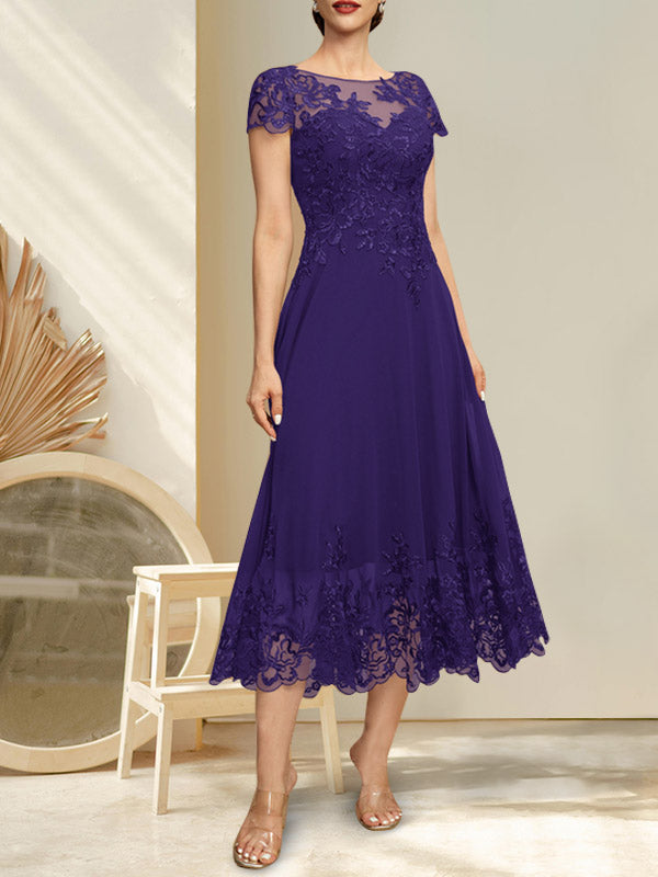 Vestido de gasa con encaje, ilusión, escote redondo y largo hasta la rodilla para madre de la novia con lentejuelas