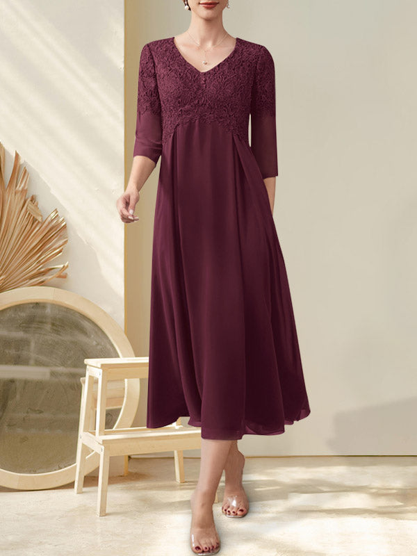 A-Linie V-Ausschnitt Wadenlang Chiffon Spitze Kleid für die Brautmutter mit Perlenbesatz