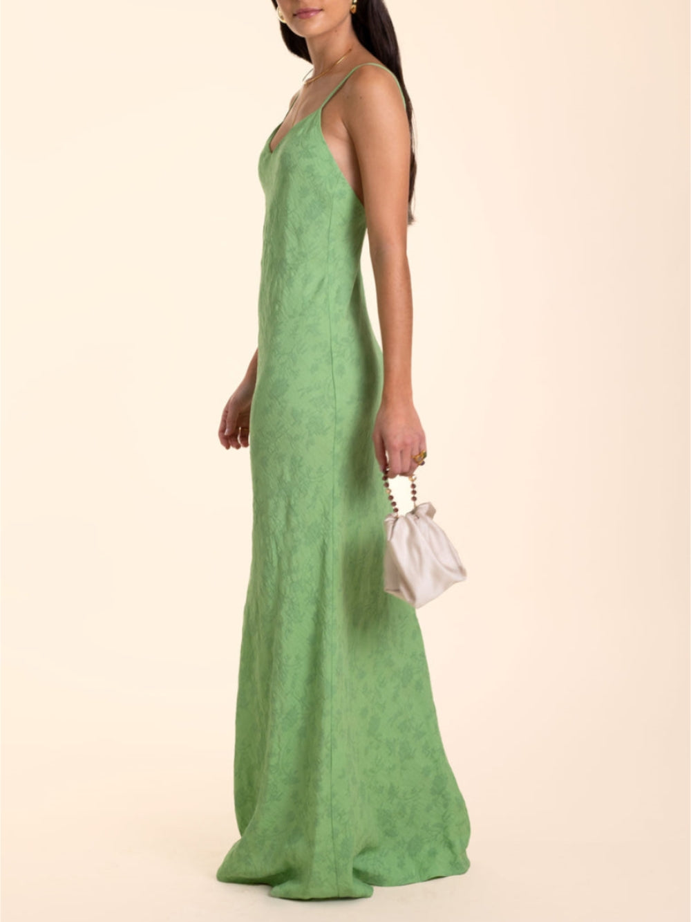 Elegantes limettengrünes Jacquard-Maxikleid mit V-Ausschnitt
