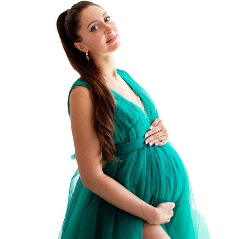 6136#V-neck high split big belly dress, tulle maternity dress, draped long mesh pregnancy evening dress
