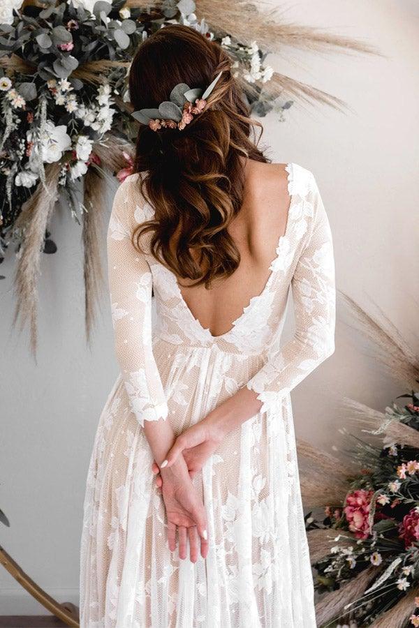 A-Linie U-Ausschnitt Lange Ärmel Spitze Hochzeitskleid Brautkleid