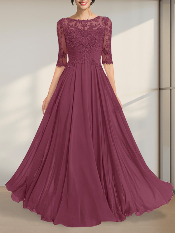 Vestido de gasa de encaje con escote en A y ilusión hasta el suelo para madre de la novia con lentejuelas plisadas