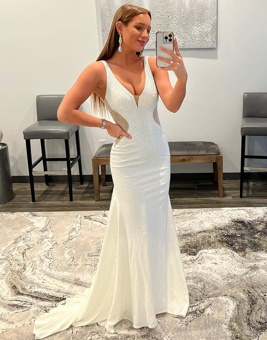 Tonya – Weißes Meerjungfrau-Ballkleid mit Perlen