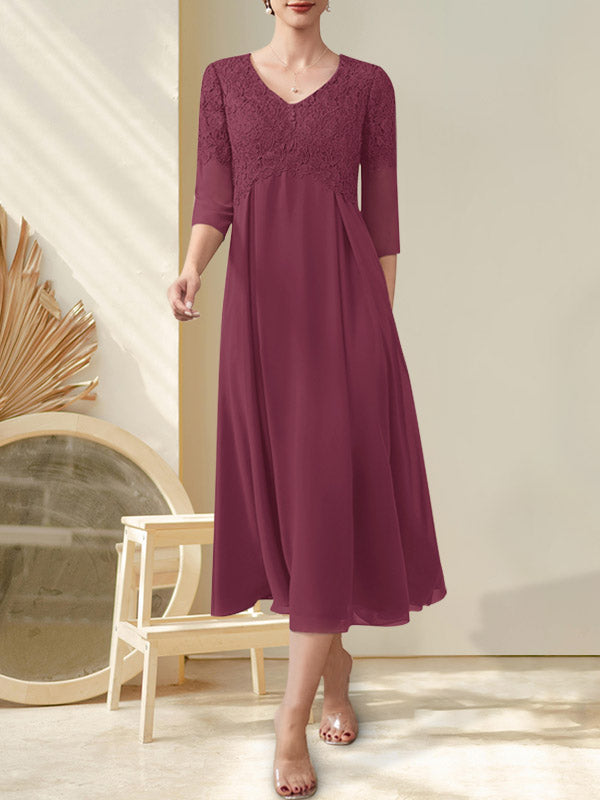 A-Linie V-Ausschnitt Wadenlang Chiffon Spitze Kleid für die Brautmutter mit Perlenbesatz