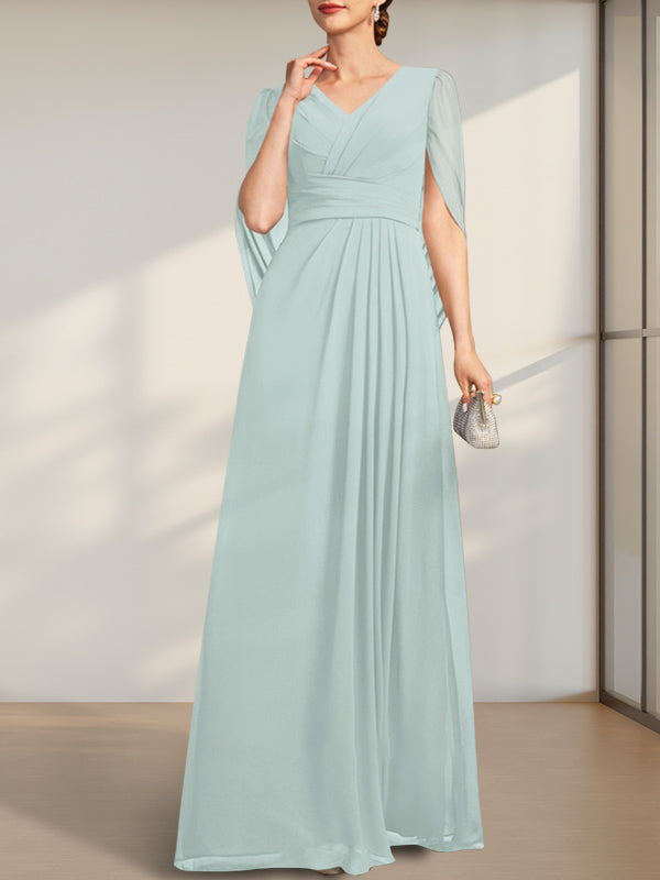 A-Linie V-Ausschnitt Bodenlang Chiffon Kleid für die Brautmutter mit Plissee