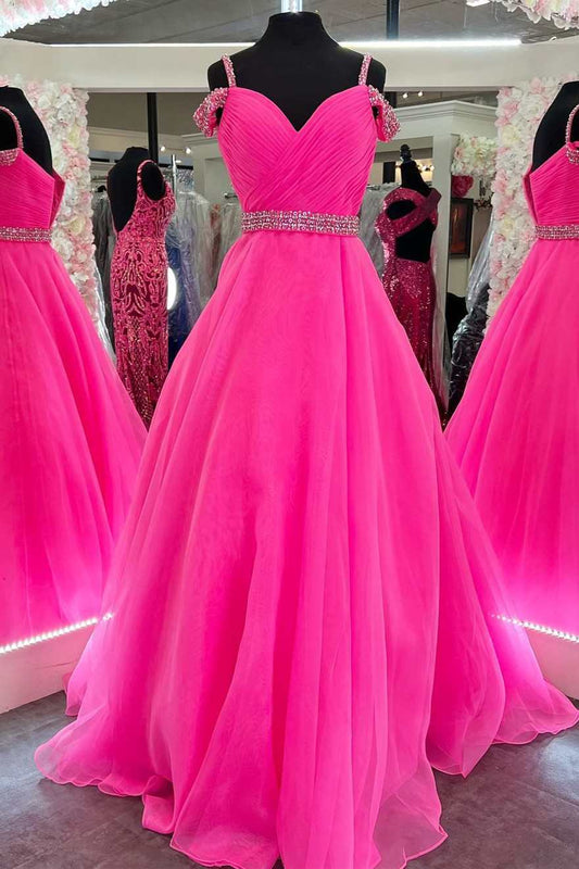 Vestido de fiesta Roycebridal de corte A con hombros descubiertos y cuentas en rosa intenso