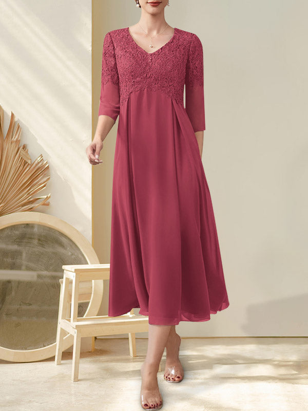 A-Linie V-Ausschnitt Wadenlang Chiffon Spitze Kleid für die Brautmutter mit Perlenbesatz