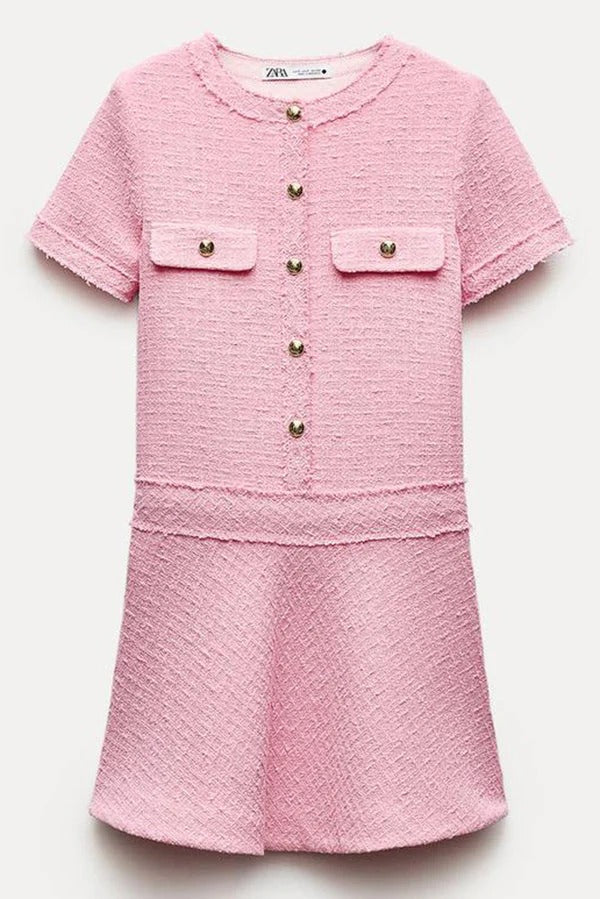 1960er London Girl Tweed Strukturiertes Minikleid mit goldenen Knöpfen und kurzen Ärmeln und Taschen