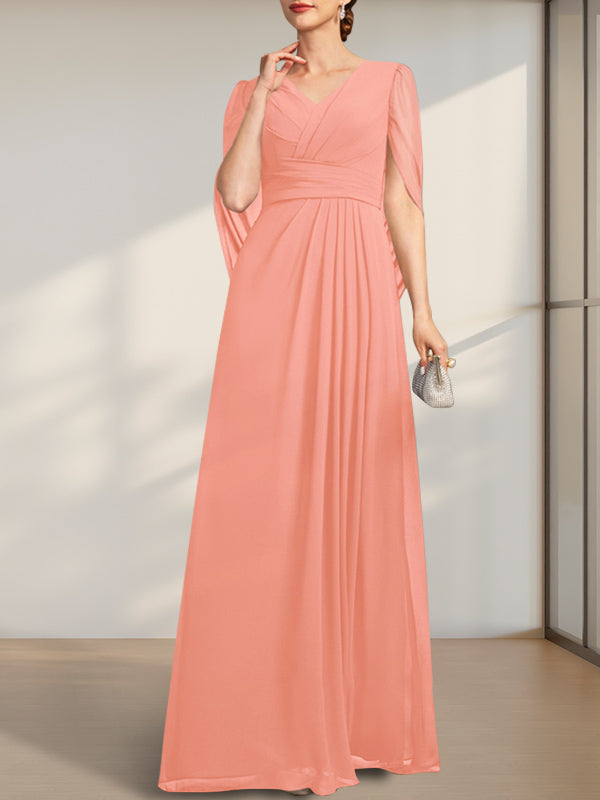 A-Linie V-Ausschnitt Bodenlang Chiffon Kleid für die Brautmutter mit Plissee