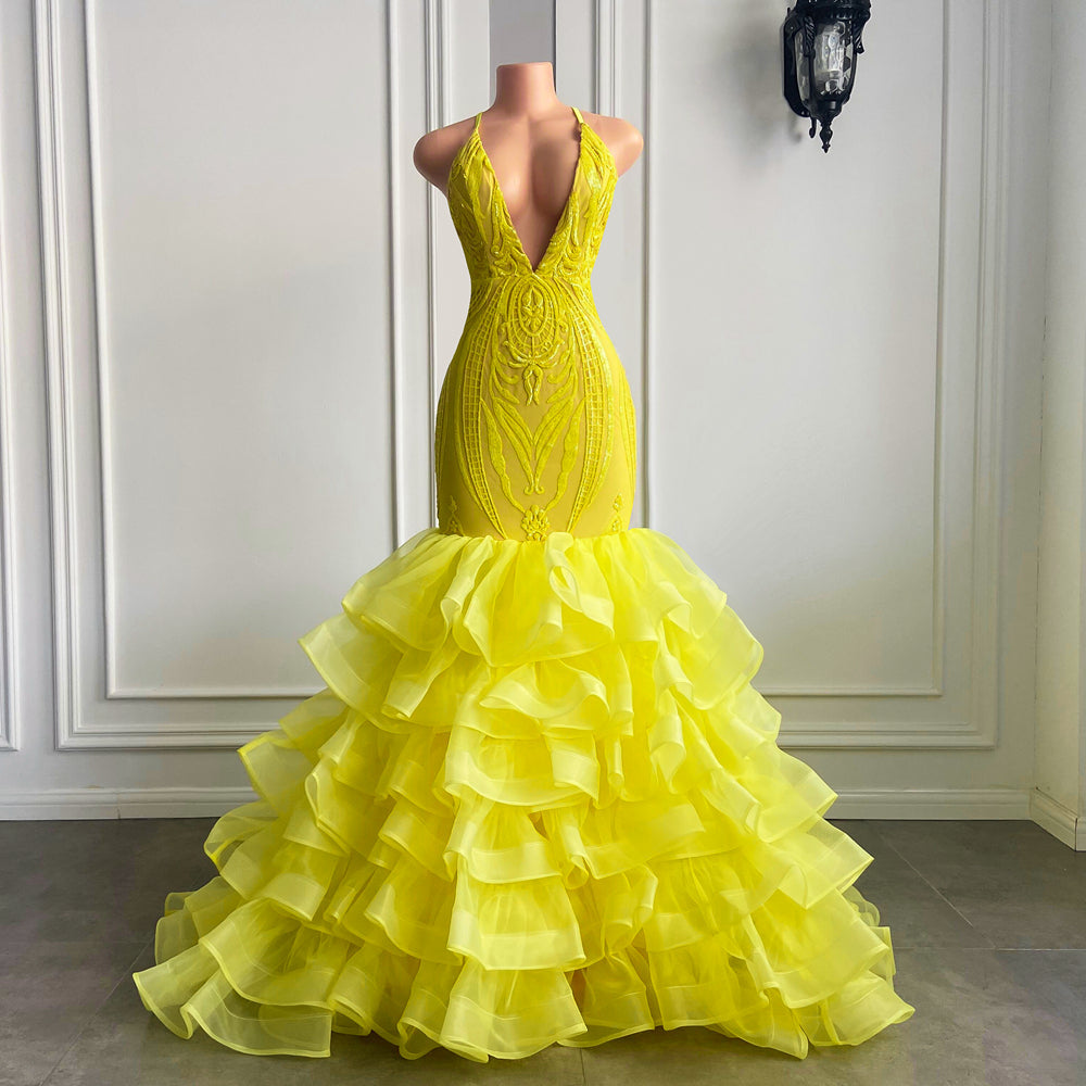 Yellow Long V Neck Halter Mermaid Tulle Lace Prom Dress with Ruffle