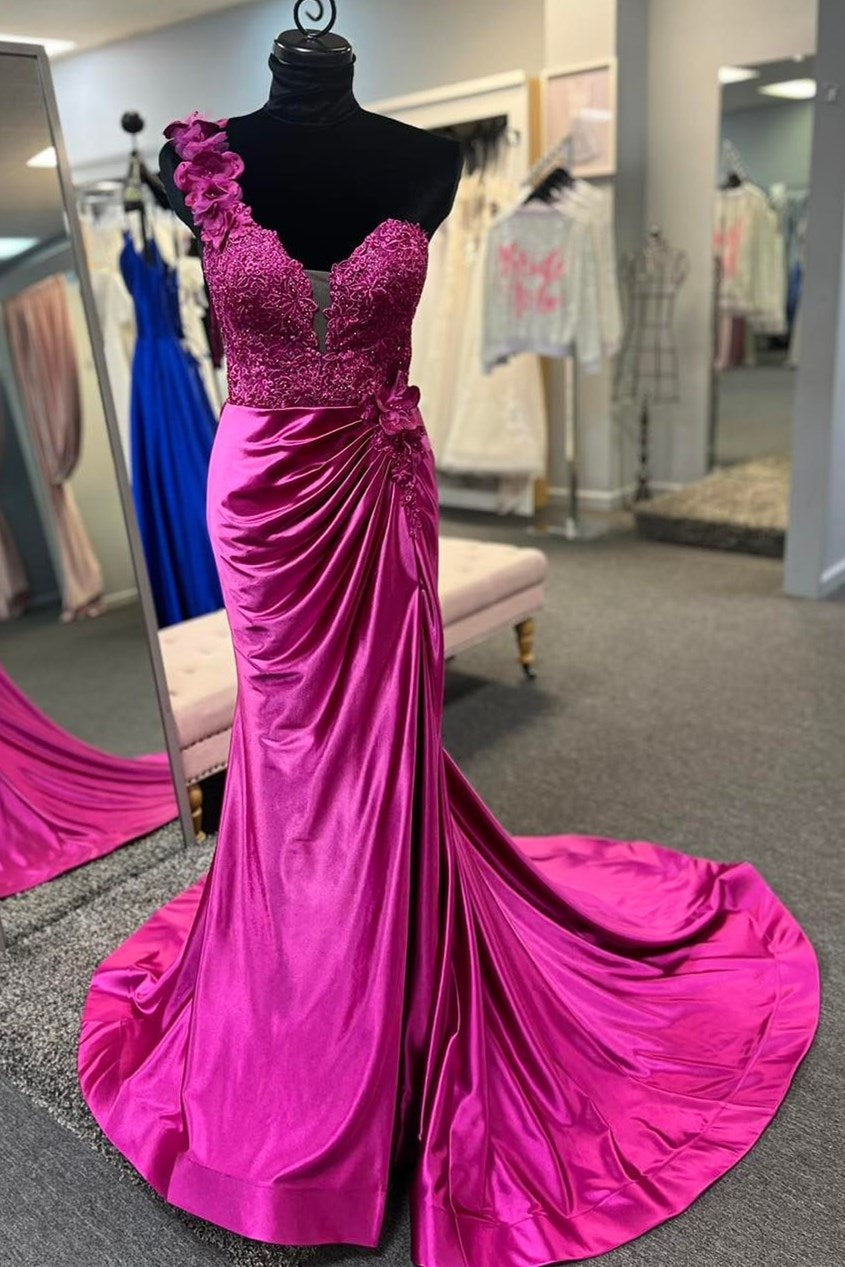 Vestido largo plisado de encaje floral 3D con un solo hombro y abertura