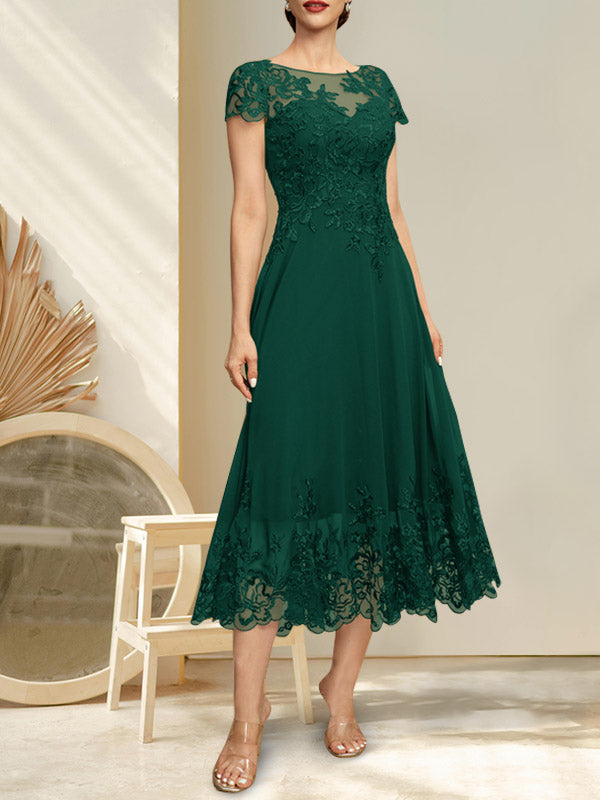 Vestido de gasa con encaje, ilusión, escote redondo y largo hasta la rodilla para madre de la novia con lentejuelas