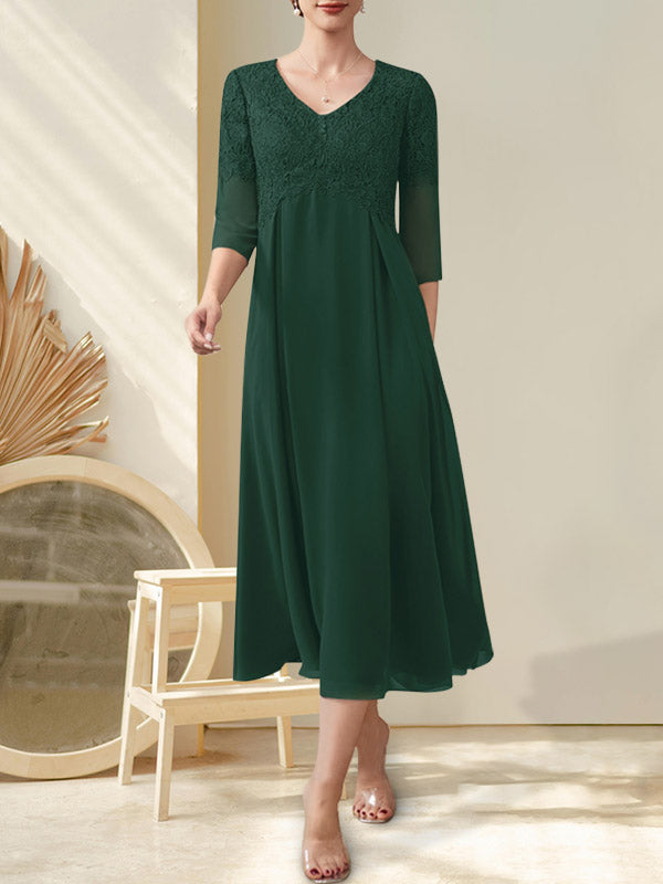 A-Linie V-Ausschnitt Wadenlang Chiffon Spitze Kleid für die Brautmutter mit Perlenbesatz