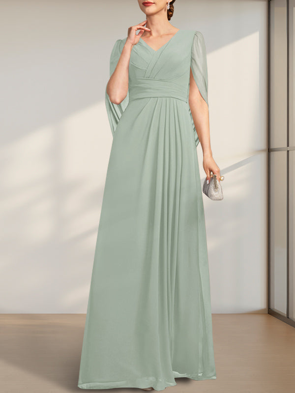 A-Linie V-Ausschnitt Bodenlang Chiffon Kleid für die Brautmutter mit Plissee