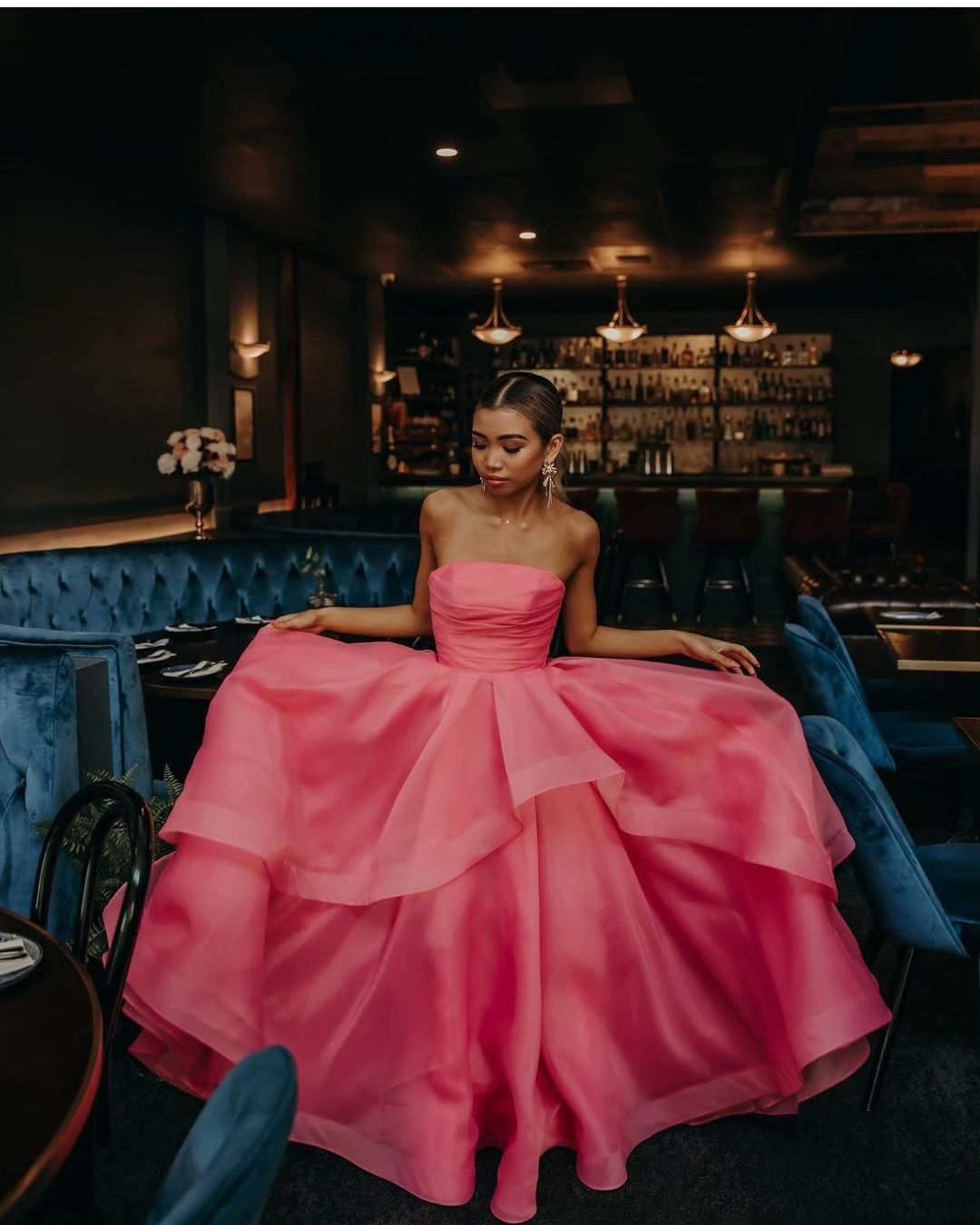 Hellrosa A-Linien-Ballkleid aus Organza ohne Träger
