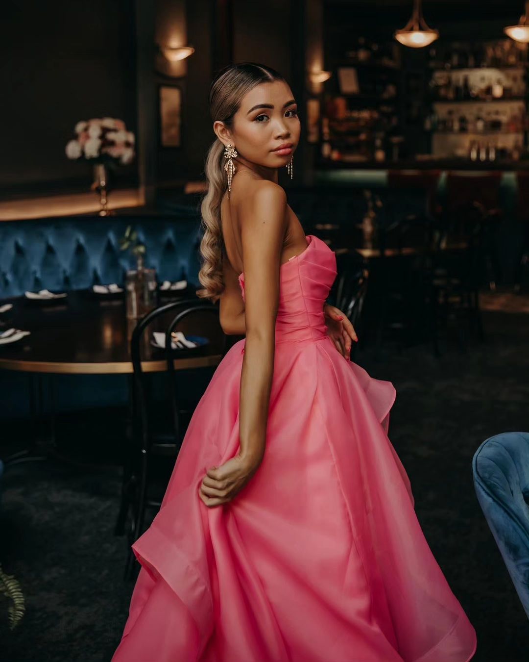 Hellrosa A-Linien-Ballkleid aus Organza ohne Träger