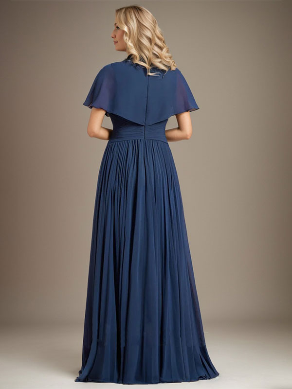 A-Linie V-Ausschnitt Bodenlang Chiffon Mutter der Braut Kleid Mit Kristall Brosche Plissee