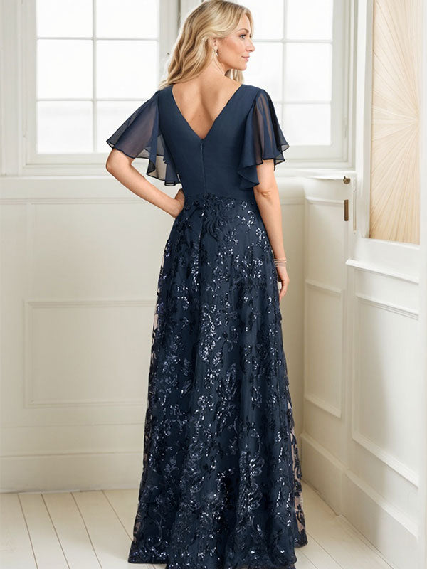 A-Linie V-Ausschnitt Bodenlang Spitze Pailletten Chiffon Mutter der Braut Kleid Mit Plissee