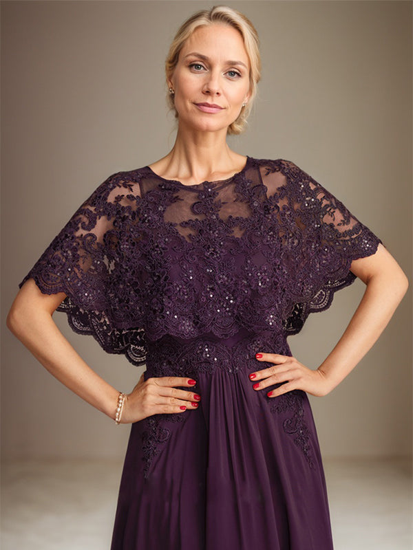 Vestido de madre de la novia de gasa con encaje, escote barco, largo hasta el suelo, con apliques de lentejuelas