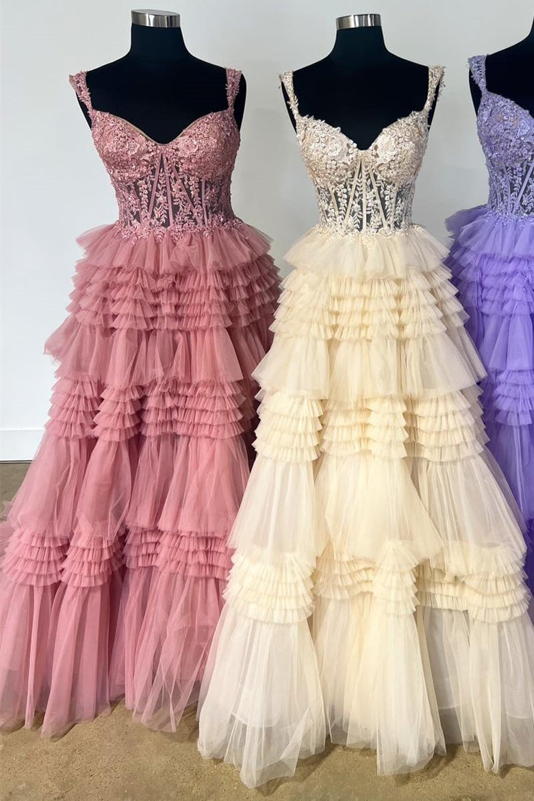 Vestido de fiesta largo de tul con hombros descubiertos y volantes en capas