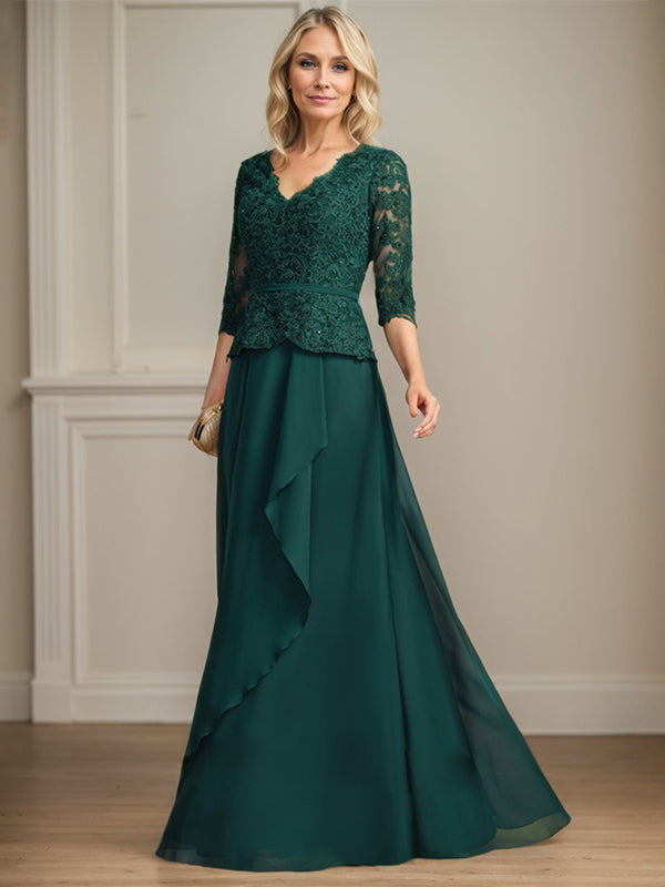 A-Linie, V-Ausschnitt, bodenlanges Chiffon-Kleid für die Brautmutter mit kaskadierenden Rüschen und Pailletten