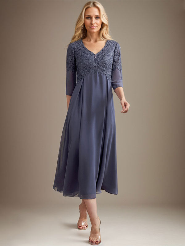 A-Linie V-Ausschnitt Wadenlang Chiffon Spitze Kleid für die Brautmutter mit Perlenbesatz