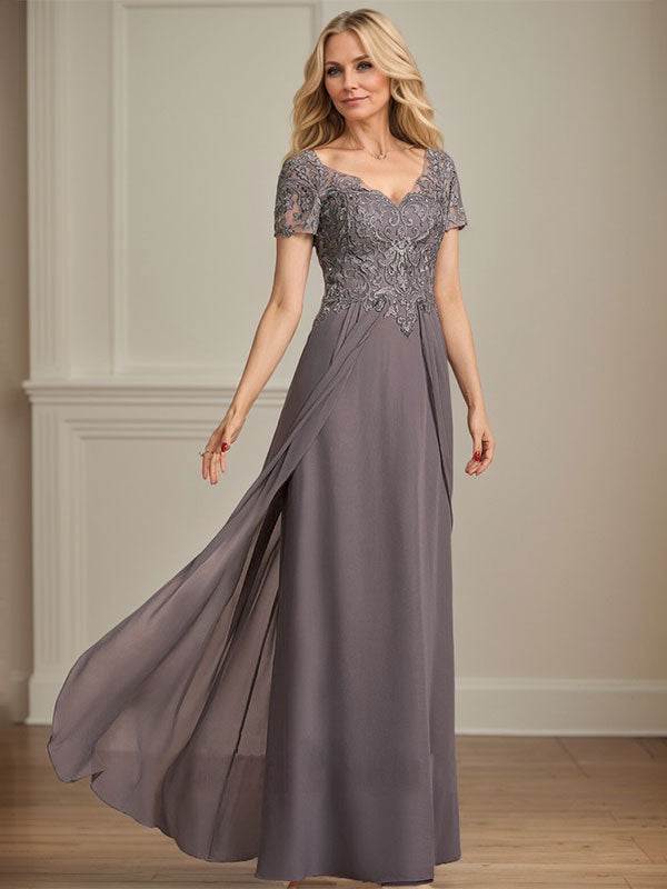 A-Linie V-Ausschnitt Bodenlanges Chiffon-Spitzenkleid für die Brautmutter