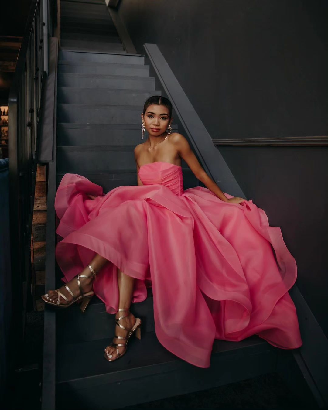 Hellrosa A-Linien-Ballkleid aus Organza ohne Träger