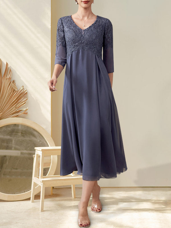 A-Linie V-Ausschnitt Wadenlang Chiffon Spitze Kleid für die Brautmutter mit Perlenbesatz