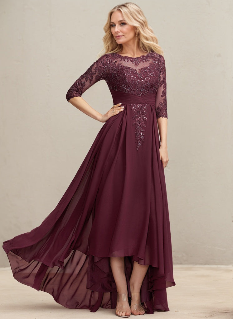 Vestido de madre de la novia de gasa con encaje asimétrico, ilusión de escote redondo y lentejuelas plisadas
