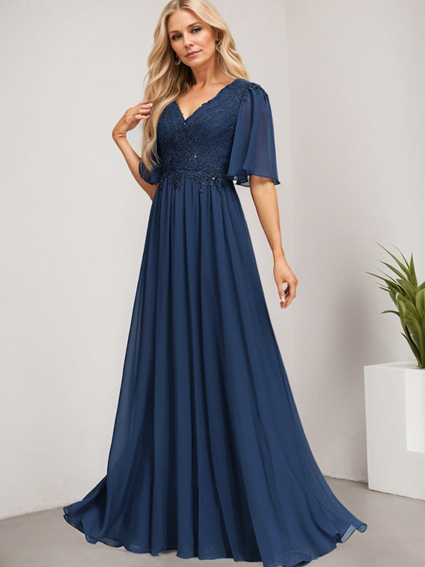 A-Linie V-Ausschnitt Bodenlanges Spitzen-Chiffon-Kleid für die Brautmutter mit Pailletten