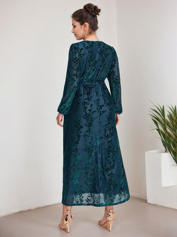 A-Linie V-Ausschnitt Lange Ärmel Samt Wadenlanges Kleid für die Brautmutter mit Schlitz