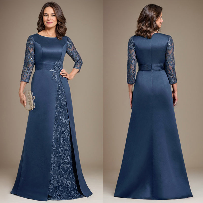 A-Line Scoop Floor-Length Lace Satin Mother Of the Bride Dress With Applique