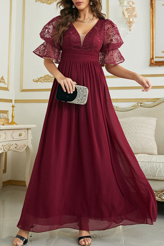 Vestidos de noche elegantes de celebridades con cuello en V y encaje liso