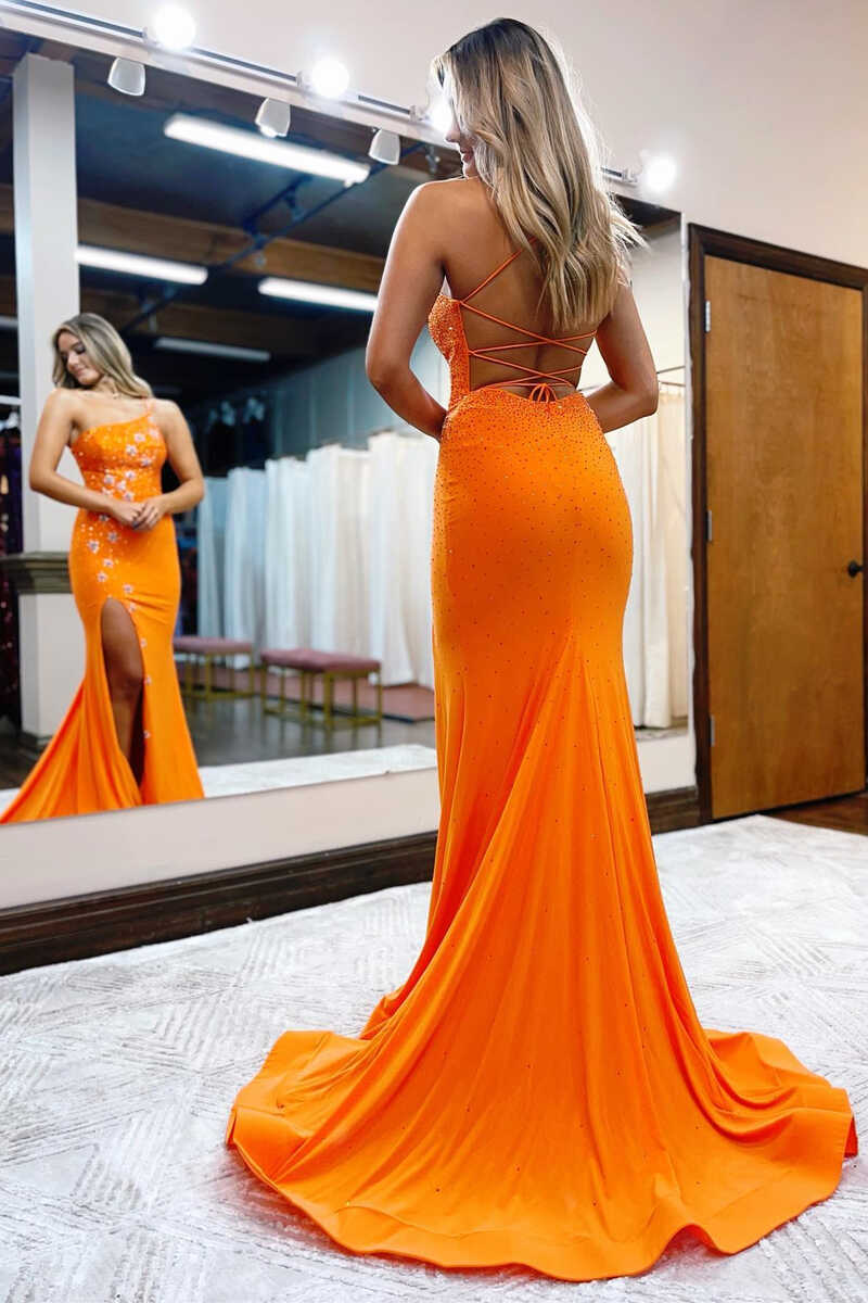 Vestido de fiesta de sirena con un solo hombro y jersey con cuentas