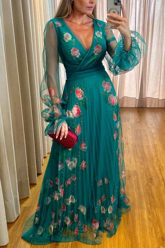 Vestido largo plisado de tul con patchwork floral "Te envío mi amor"