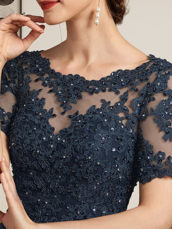 Vestido de gasa con encaje y lentejuelas para madre de la novia, largo hasta el suelo, con escote en A y ilusión
