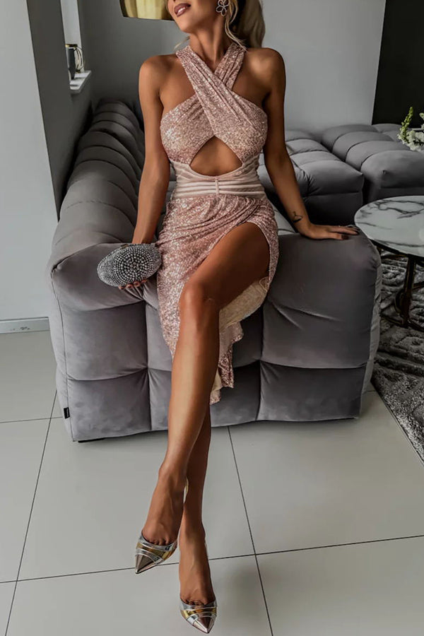 Born To Be A Star – Asymmetrisches Midikleid mit Pailletten und Netzstoff, Cut-Out-Taille