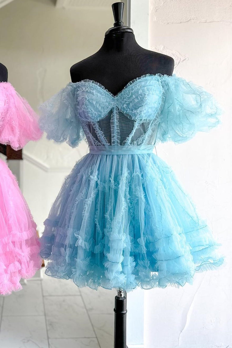 Naomi | Vestido de fiesta de tul con hombros descubiertos y corte en A