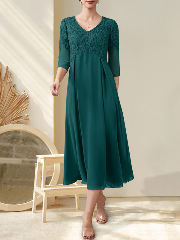 A-Linie V-Ausschnitt Wadenlang Chiffon Spitze Kleid für die Brautmutter mit Perlenbesatz