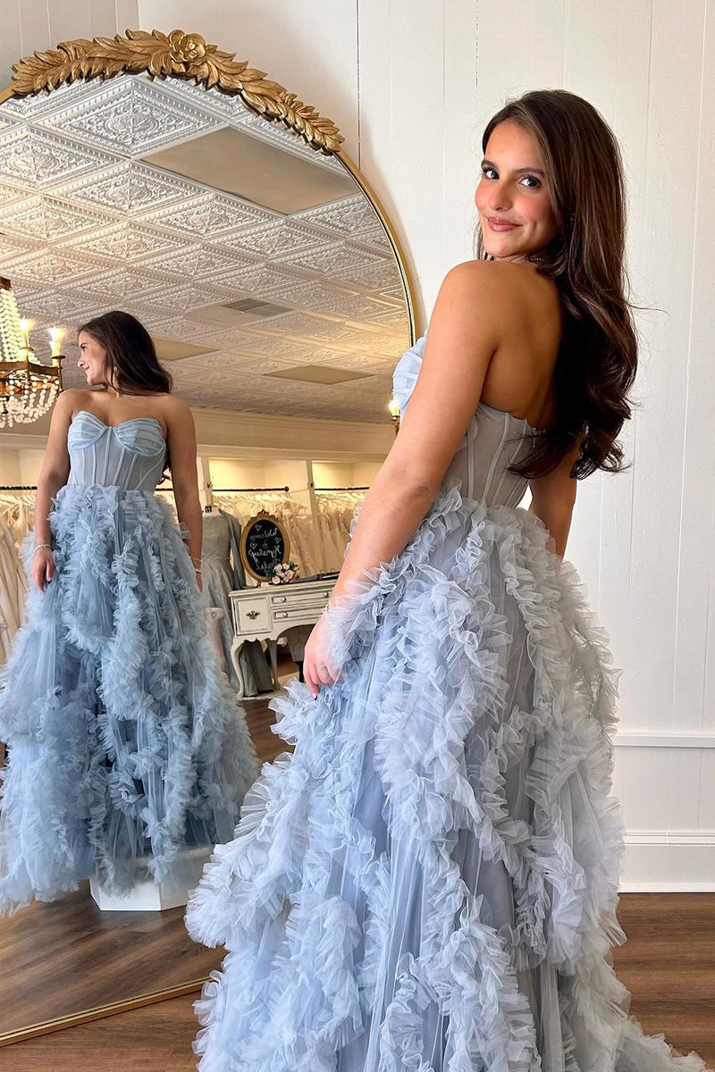 Vestidos de fiesta largos de tul con volantes y abertura, corte A