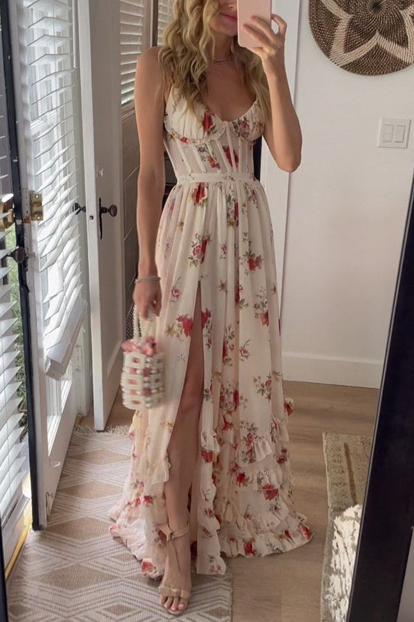 Palace Fairy Maxikleid mit Blumenkorsett und Rüschen und Schlitz