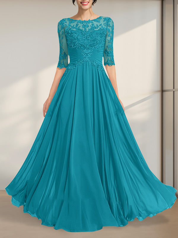 Vestido de gasa de encaje con escote en A y ilusión hasta el suelo para madre de la novia con lentejuelas plisadas