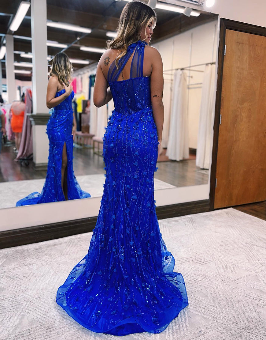 Vestido de fiesta de tul con lentejuelas de sirena y abertura